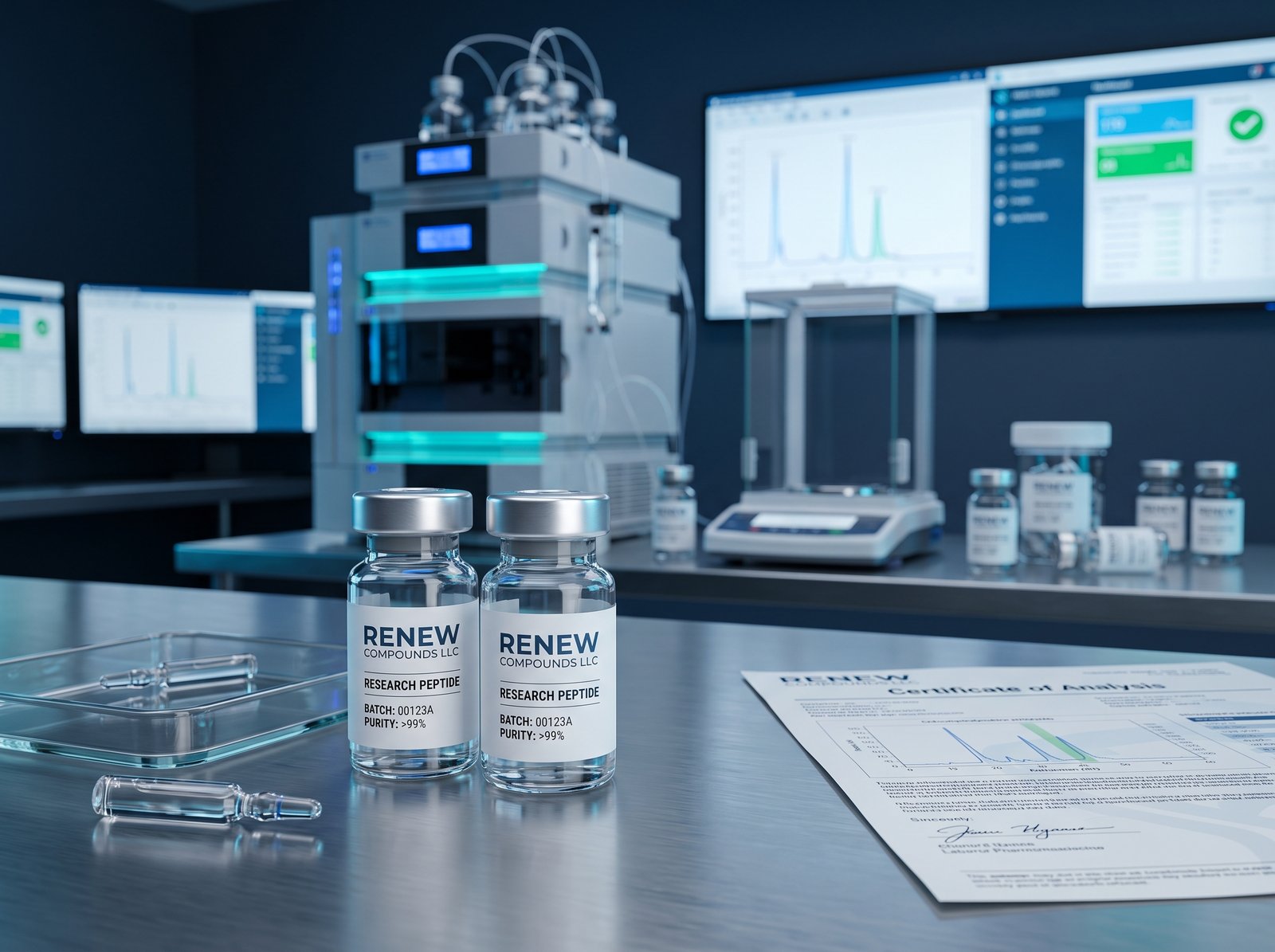 HPLC analysis station with Renew Compounds research peptide vials and a printed Certificate of Analysis
