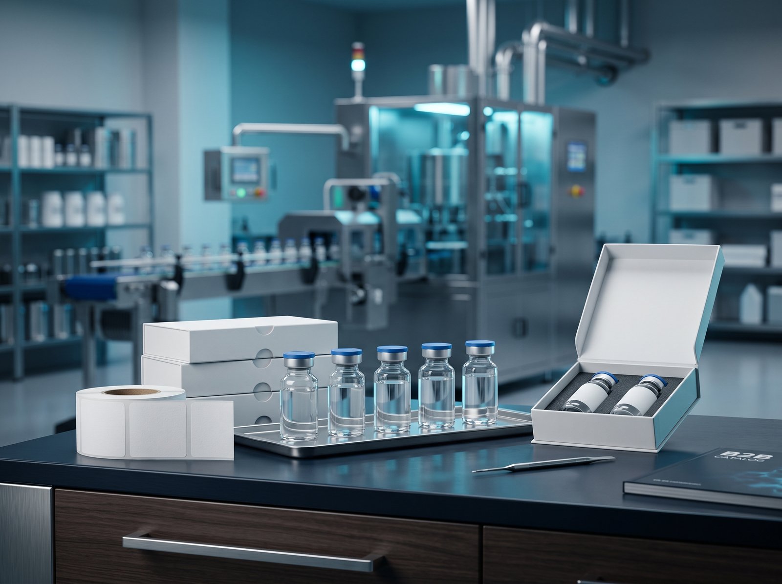 Custom white-label peptide packaging and unbranded research vials in a production facility