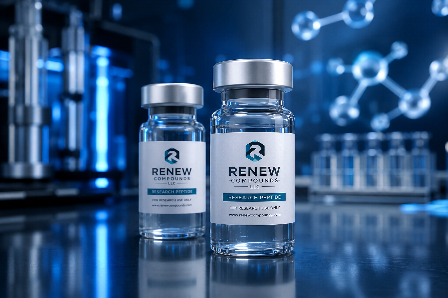 Two Renew Compounds research peptide vials on a laboratory bench with molecular imagery
